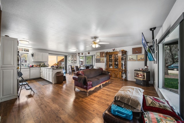 living area with wood finished floors, ceiling fan, and a wood stove