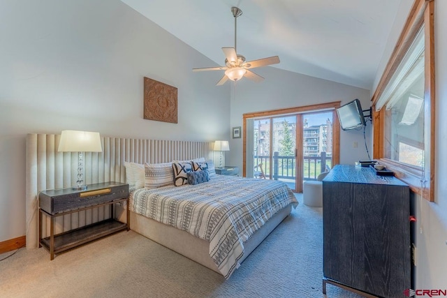 bedroom featuring vaulted ceiling, carpet, access to outside, and a ceiling fan