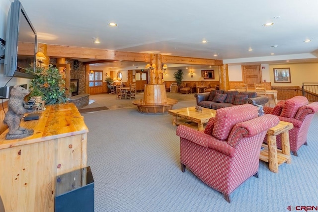 living room with carpet flooring, wainscoting, and recessed lighting