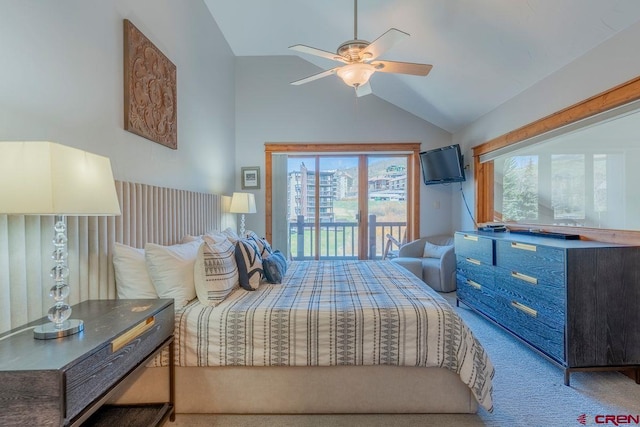 bedroom featuring carpet flooring, a ceiling fan, access to exterior, and high vaulted ceiling