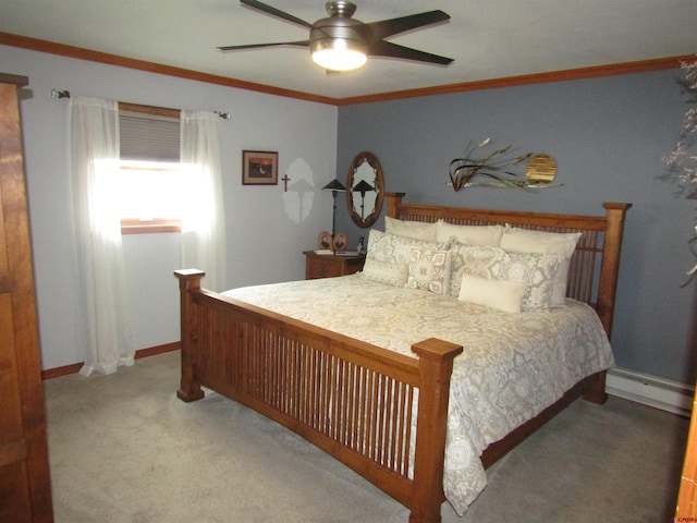 carpeted bedroom with crown molding, baseboards, a baseboard radiator, and ceiling fan