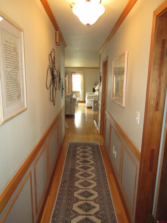 corridor featuring a decorative wall, crown molding, light wood-style floors, and a wainscoted wall
