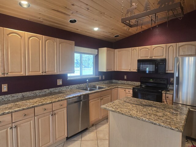 369 Beaver Cir, Pagosa Springs, CO 81147 - kitchen featuring black appliances, a sink, recessed lighting, wooden ceiling, and light stone countertops
