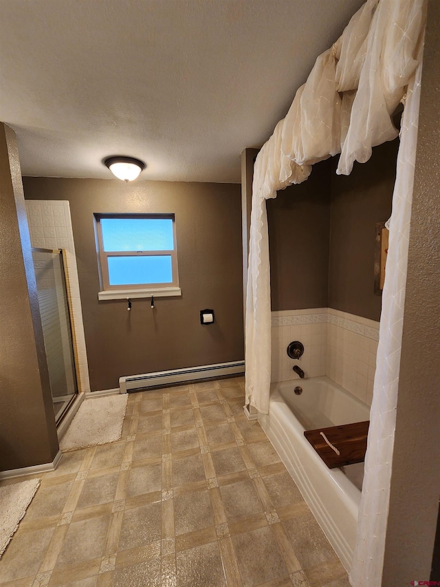 bathroom with a shower with curtain, tile patterned floors, baseboards, a washtub, and a baseboard radiator