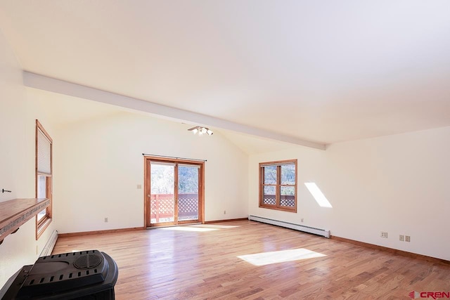 unfurnished living room featuring baseboards, a baseboard radiator, light wood-type flooring, and vaulted ceiling with beams