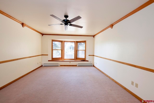 unfurnished room featuring ceiling fan, baseboards, baseboard heating, and ornamental molding
