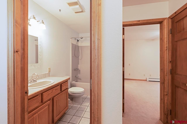full bathroom featuring toilet, shower / bathtub combination, a baseboard heating unit, vanity, and visible vents