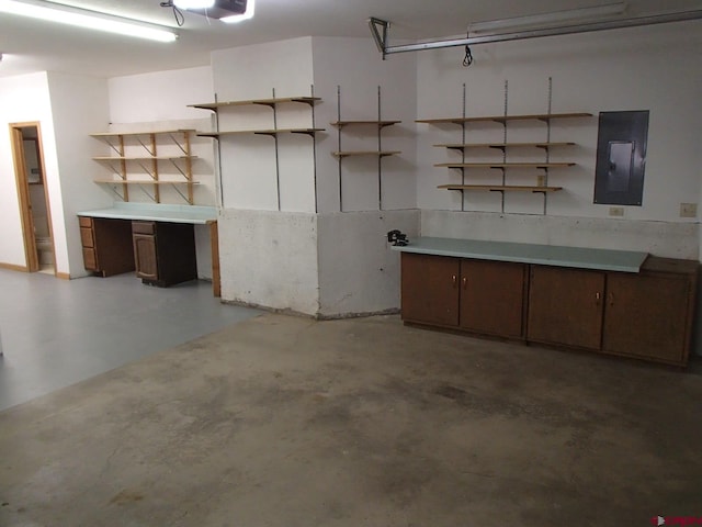 below grade area with electric panel and a garage