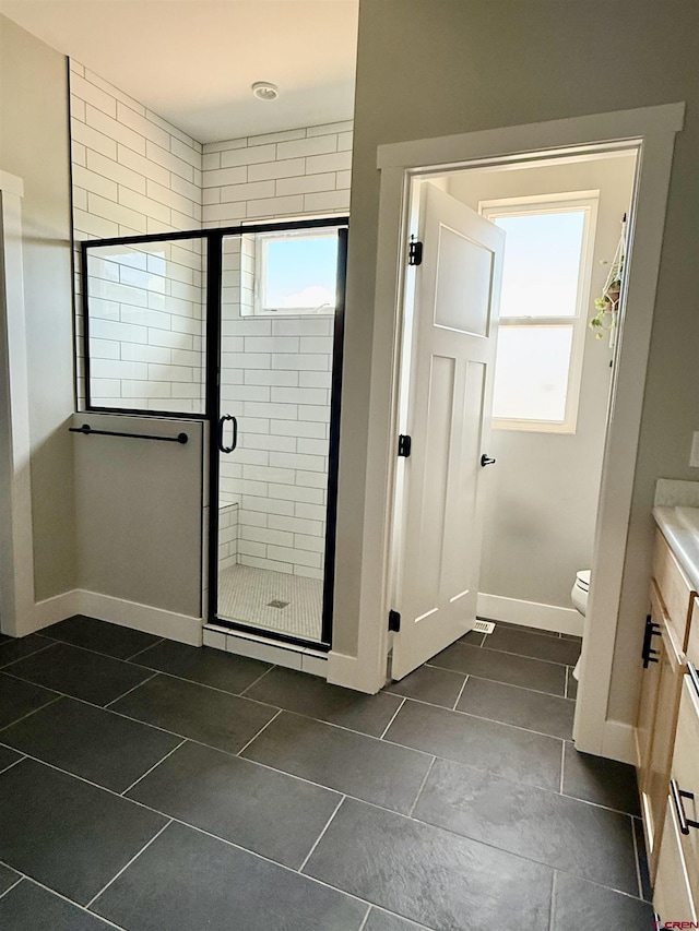 710 SE Pine St, Cedaredge, CO 81413 - full bathroom featuring baseboards, plenty of natural light, a shower stall, and vanity