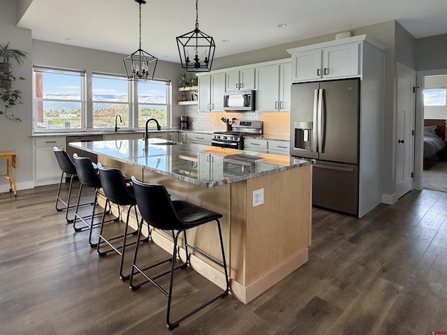 710 SE Pine St, Cedaredge, CO 81413 - kitchen with stainless steel appliances, a sink, a center island with sink, tasteful backsplash, and dark wood-type flooring