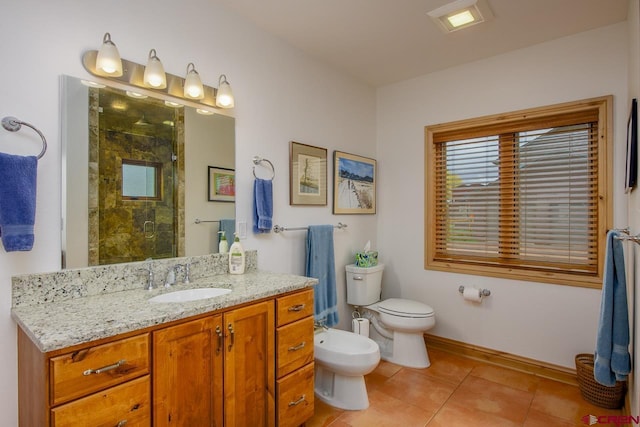full bath with a bidet, a shower stall, tile patterned flooring, toilet, and vanity