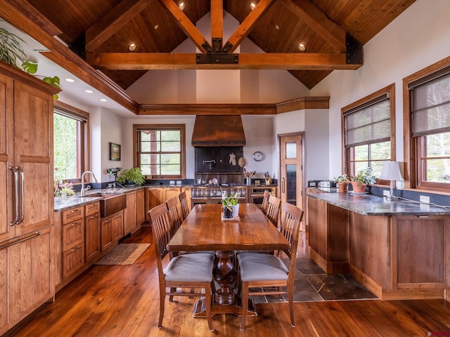 dining area with beam ceiling, dark wood finished floors, plenty of natural light, wood ceiling, and high vaulted ceiling