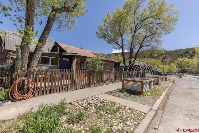 view of front facade with a fenced front yard and metal roof