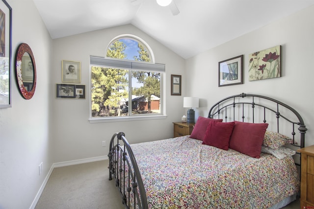 292 E Golf Pl Unit B, Pagosa Springs, CO 81147 - bedroom with carpet, vaulted ceiling, baseboards, and a ceiling fan