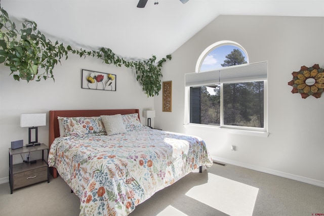 292 E Golf Pl Unit B, Pagosa Springs, CO 81147 - bedroom with carpet, lofted ceiling, baseboards, and a ceiling fan