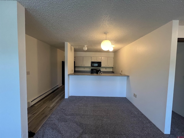 1135 Florida Rd, Durango, CO 81301 - kitchen with baseboard heating, black microwave, stove, a textured ceiling, and dark colored carpet