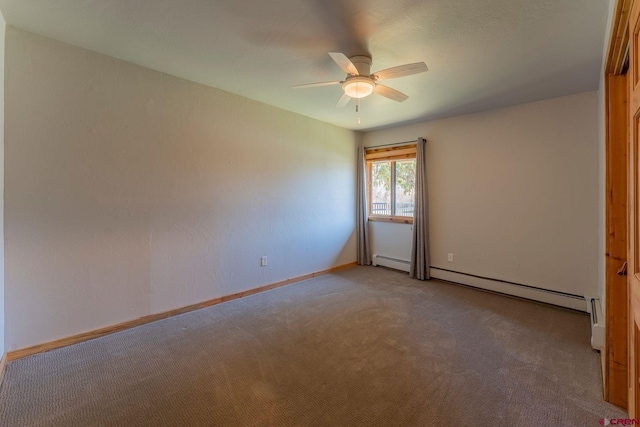 169 Camino Del Rio Unit 8, Gunnison, CO 81230 - empty room featuring ceiling fan, light colored carpet, a baseboard radiator, and baseboards