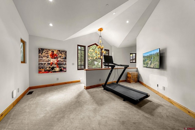 exercise area with baseboards, vaulted ceiling, carpet flooring, and recessed lighting