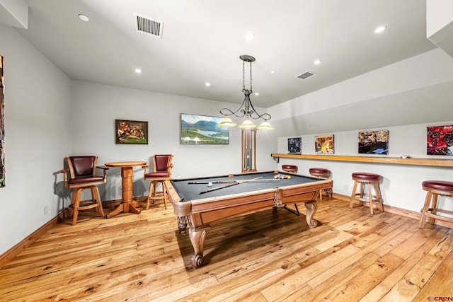 playroom featuring light wood-type flooring, recessed lighting, pool table, and baseboards