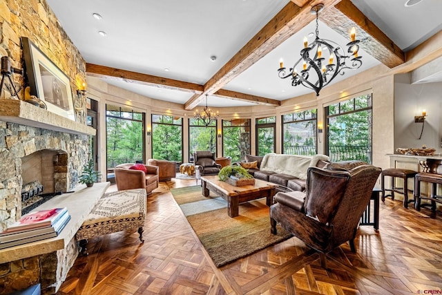 living area with a chandelier, a fireplace, plenty of natural light, beam ceiling, and recessed lighting