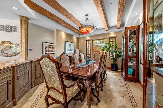 dining area with inlaid floor details, beam ceiling, recessed lighting, and ornate columns