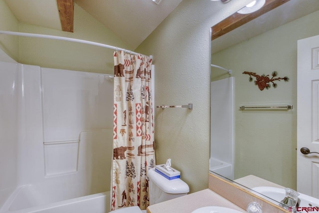 301 Talisman Dr Unit 4319, Pagosa Springs, CO 81147 - full bath featuring toilet, shower / bath combo, a textured wall, lofted ceiling, and vanity