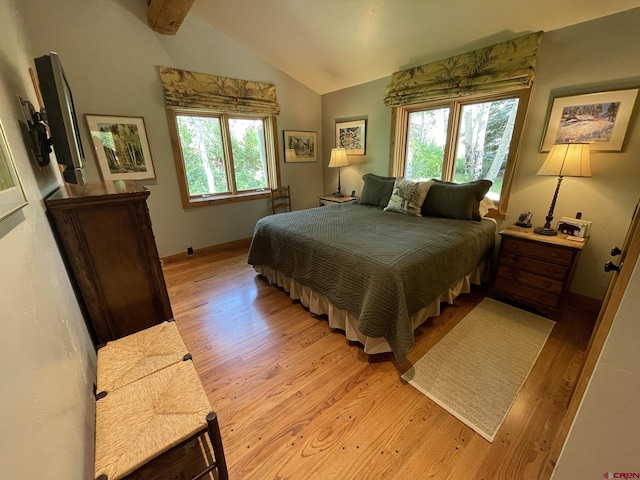 209 Deer Path Ln, Almont, CO 81230 - bedroom with light wood-style flooring, lofted ceiling, and baseboards