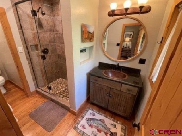 209 Deer Path Ln, Almont, CO 81230 - bathroom with wood finished floors, a shower stall, toilet, and vanity