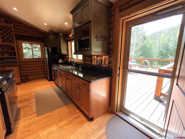 209 Deer Path Ln, Almont, CO 81230 - kitchen featuring stainless steel appliances, a sink, light wood finished floors, and lofted ceiling