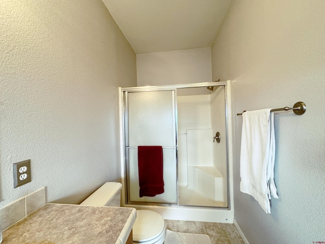 360 Forest Hill Rd, Ridgway, CO 81432 - full bathroom with a shower stall, toilet, and a textured wall