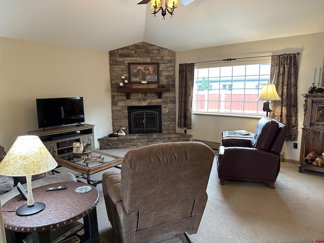 carpeted living area featuring baseboard heating, a ceiling fan, lofted ceiling, and a stone fireplace