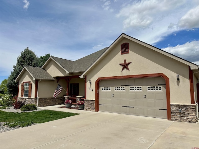 ranch-style house featuring stone siding, an attached garage, stucco siding, concrete driveway, and roof with shingles