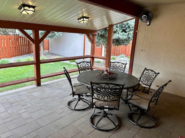 view of patio featuring a fenced backyard and outdoor dining area
