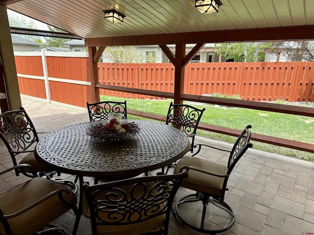 view of patio / terrace featuring a fenced backyard and outdoor dining area
