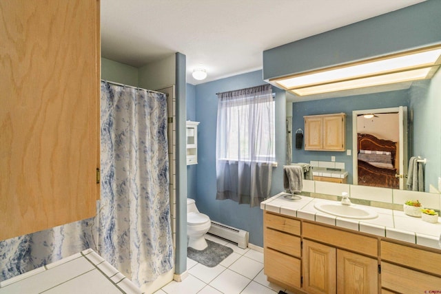 bathroom with a baseboard heating unit, tile patterned floors, toilet, vanity, and curtained shower