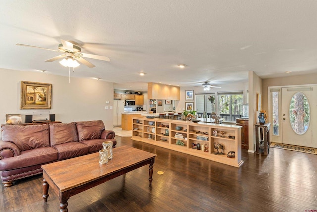 living area featuring a ceiling fan and dark wood finished floors