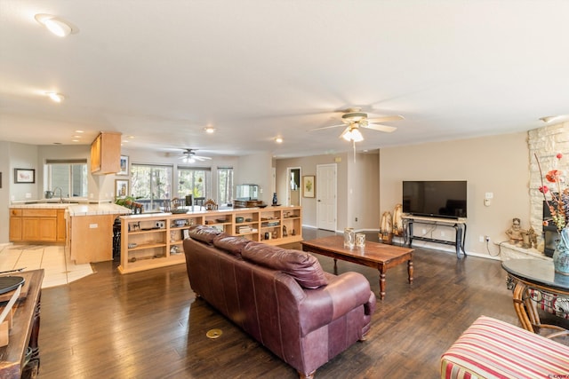 living area with a ceiling fan, wood finished floors, and recessed lighting