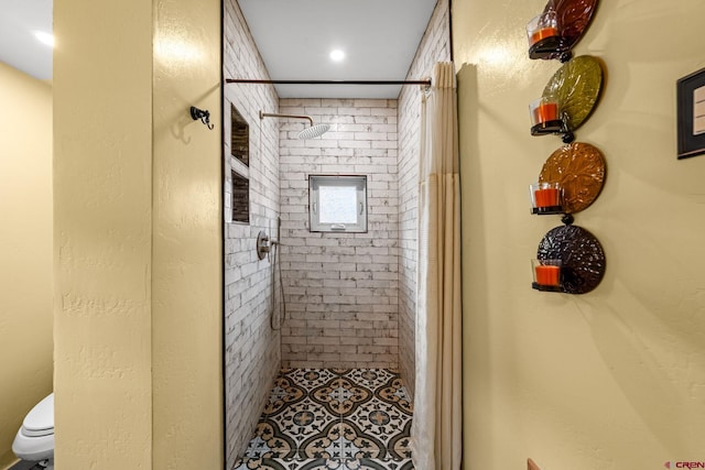 1257 Snowden St, Silverton, CO 81433 - bathroom featuring a tile shower, toilet, recessed lighting, and tile patterned flooring