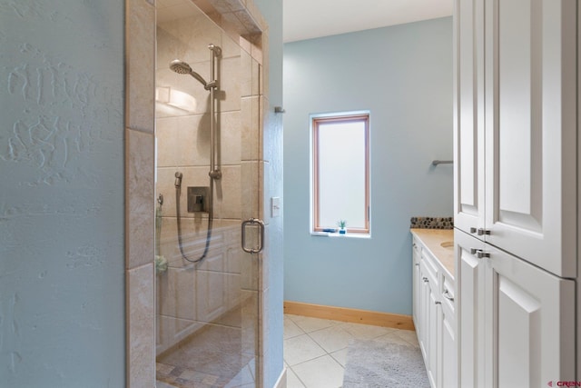 99 River Rd, Durango, CO 81301 - bathroom featuring a shower stall, tile patterned floors, vanity, and baseboards