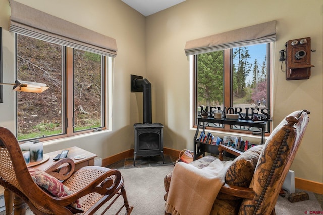 99 River Rd, Durango, CO 81301 - living area with carpet flooring, a wood stove, and baseboards