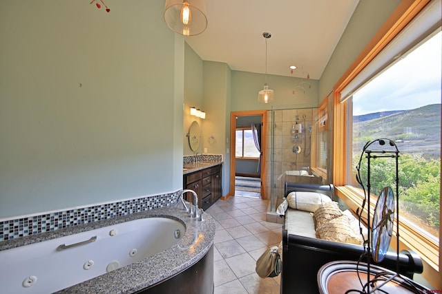 53315 Bull Basin Rd, Mesa, CO 81643 - full bathroom with a stall shower, plenty of natural light, tile patterned floors, and high vaulted ceiling