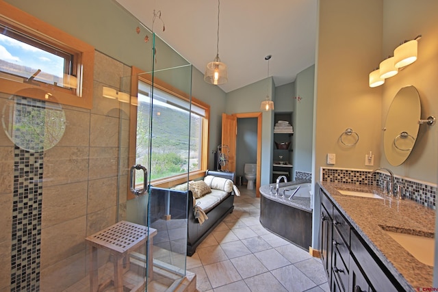 53315 Bull Basin Rd, Mesa, CO 81643 - full bath featuring a stall shower, lofted ceiling, tile patterned flooring, toilet, and double vanity