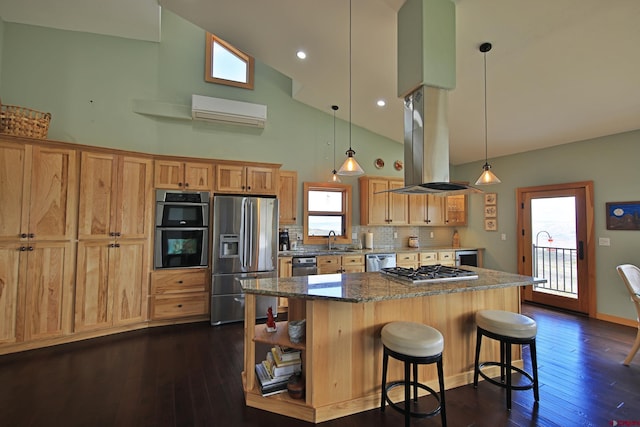 53315 Bull Basin Rd, Mesa, CO 81643 - kitchen featuring appliances with stainless steel finishes, high vaulted ceiling, an AC wall unit, island range hood, and a kitchen island