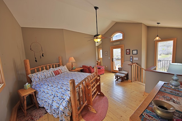 53315 Bull Basin Rd, Mesa, CO 81643 - bedroom with light wood-style floors, access to outside, vaulted ceiling, and a ceiling fan