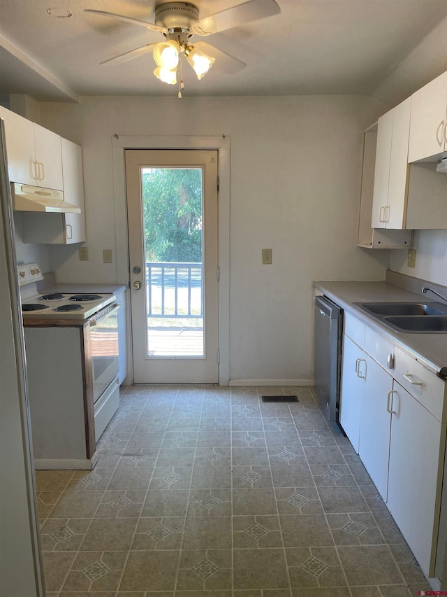 145 S Madison St, Cortez, CO 81321 - kitchen featuring white electric range oven, dishwasher, under cabinet range hood, a sink, and ceiling fan