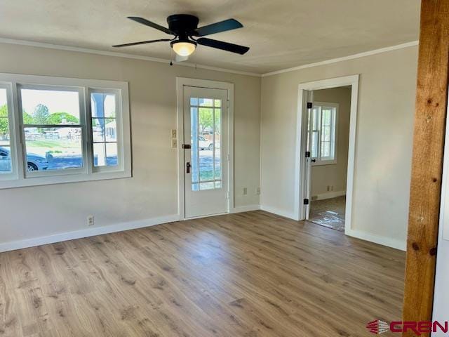 1414 Bluff St, Delta, CO 81416 - entryway with ceiling fan, crown molding, baseboards, and wood finished floors