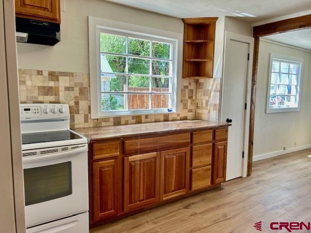 1414 Bluff St, Delta, CO 81416 - kitchen with white electric range oven, exhaust hood, light wood finished floors, and healthy amount of natural light