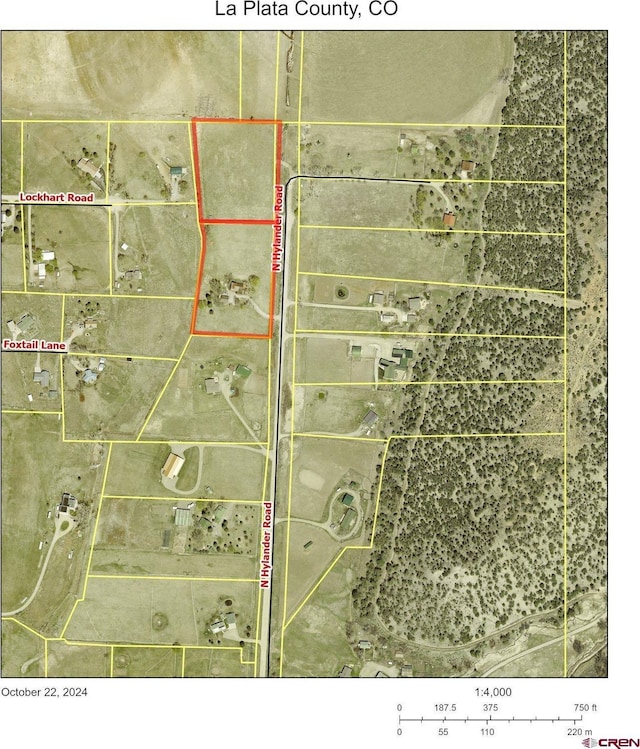aerial map of property and surrounding area with property boundaries highlighted
