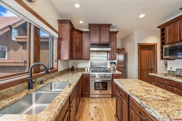 32 Cinnamon Mountain Rd, Mount Crested Butte, CO 81225 - kitchen featuring appliances with stainless steel finishes, a sink, light wood finished floors, recessed lighting, and under cabinet range hood
