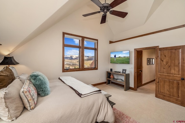 32 Cinnamon Mountain Rd, Mount Crested Butte, CO 81225 - bedroom with light colored carpet, baseboards, high vaulted ceiling, and ceiling fan